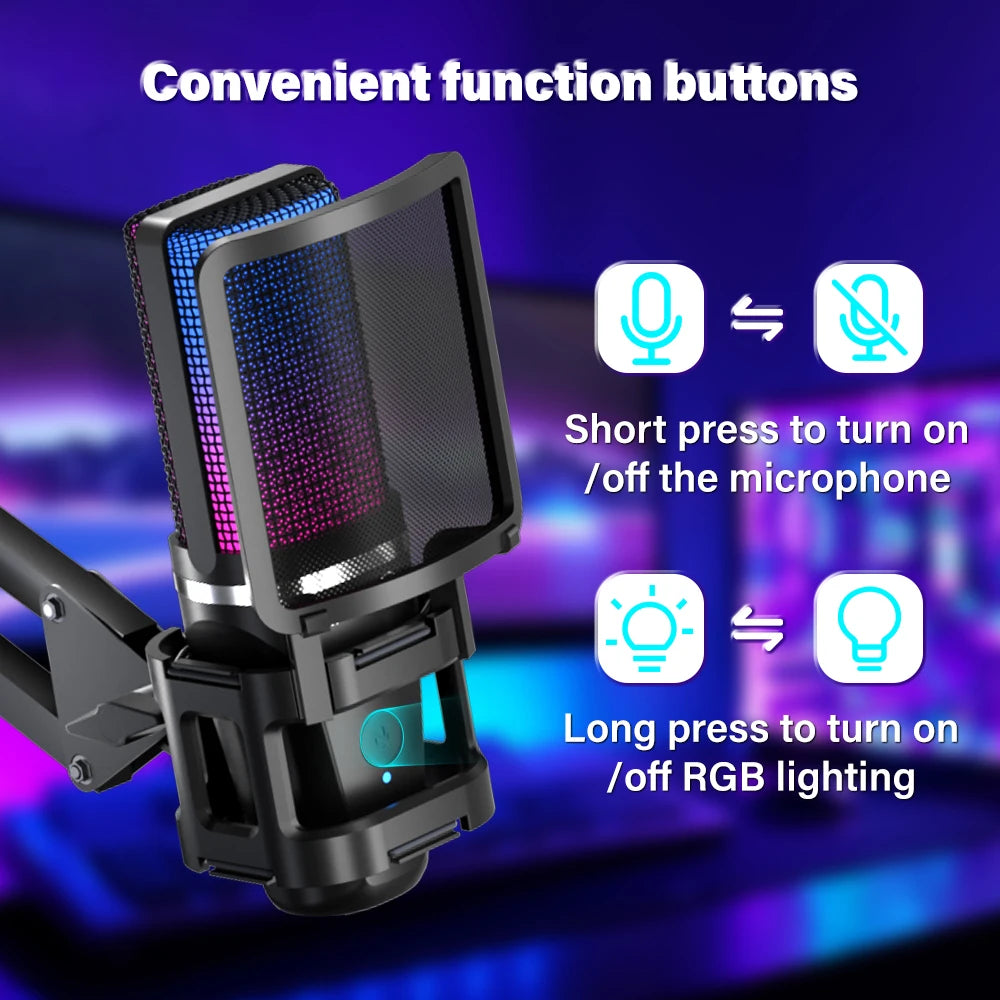 Haomuren Gaming Condenser Microphone With Articulated Arm - RGB - Tripod