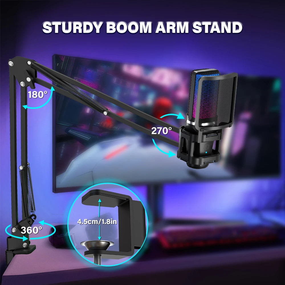 Haomuren Gaming Condenser Microphone With Articulated Arm - RGB - Tripod