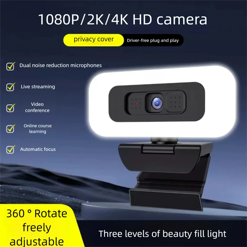 4K Webcam with Light Full HD w/ Microphone for Live Streaming