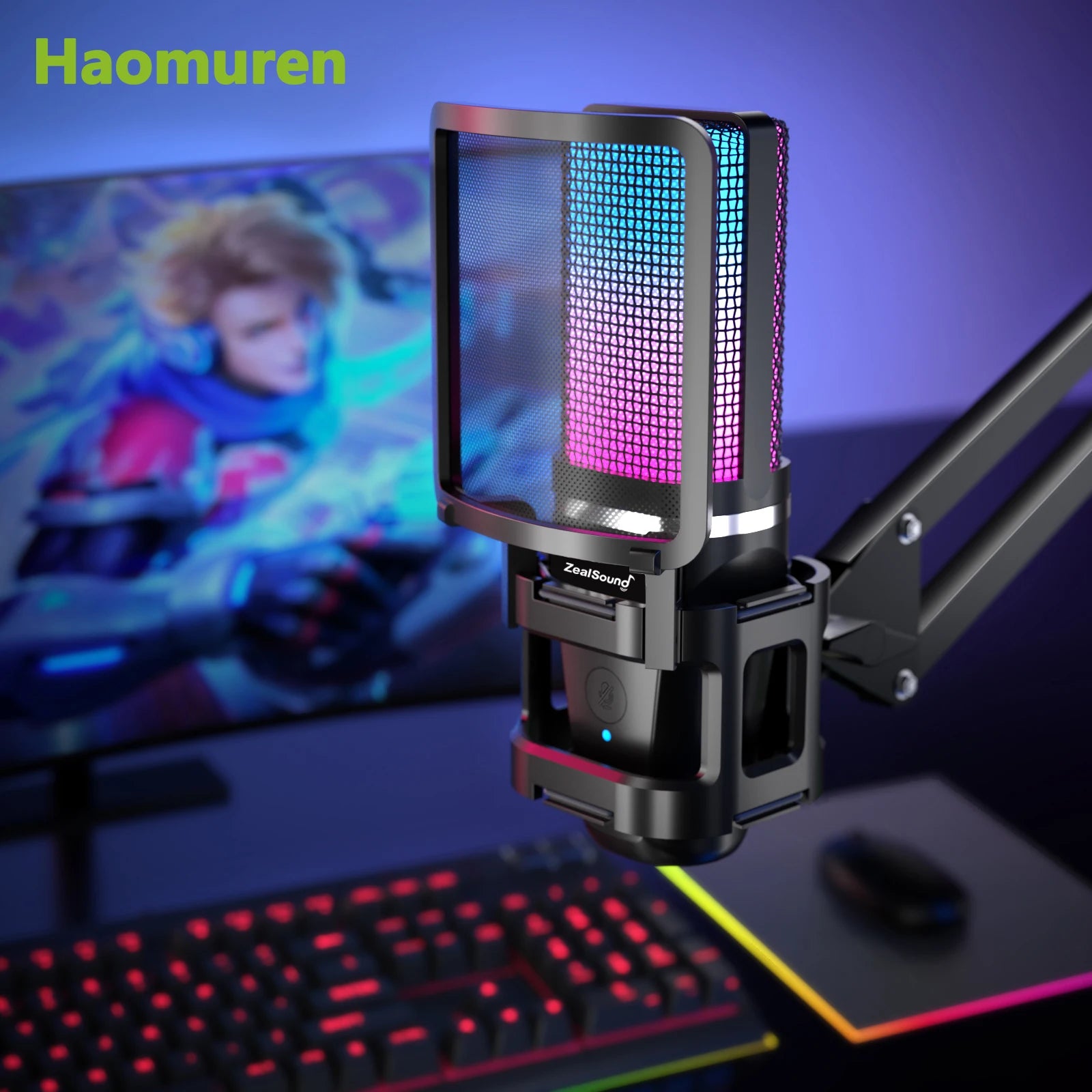 Haomuren Gaming Condenser Microphone With Articulated Arm - RGB - Tripod