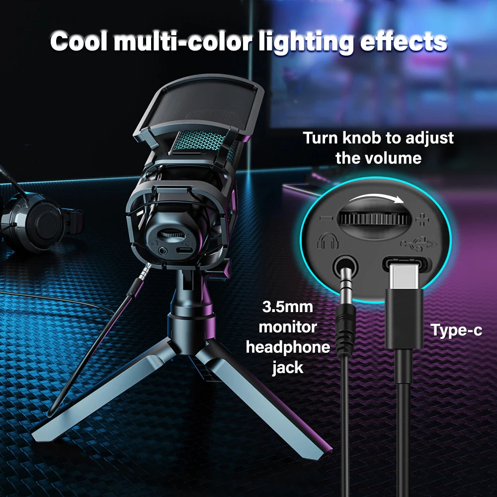 Haomuren Gaming Condenser Microphone With Articulated Arm - RGB - Tripod